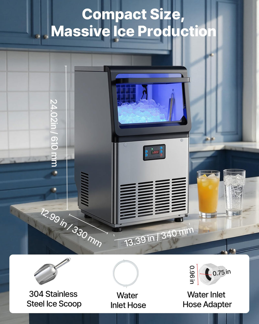 VEVOR Commercial Ice Maker Machine, 100 lbs/24h with 30-35 lbs Storage, Bullet Ice,Built-in/Freestanding/Under Counter, Stainless Steel Ice Maker with LED Display for Home Bar Restaurant