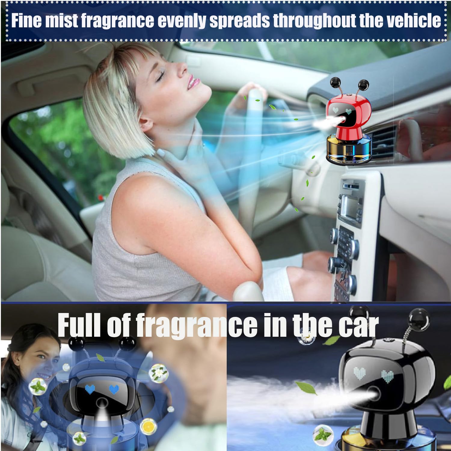 Robot Intelligent Aromatherapy Machine, Smart Cute Robot Car Air Freshener - Fine Spray/Fillable/Four-Gear Adjustment/Vibration Sensing/On-Off/Large Capacity Long-Lasting Fragrance/Black-V2(Cologne)