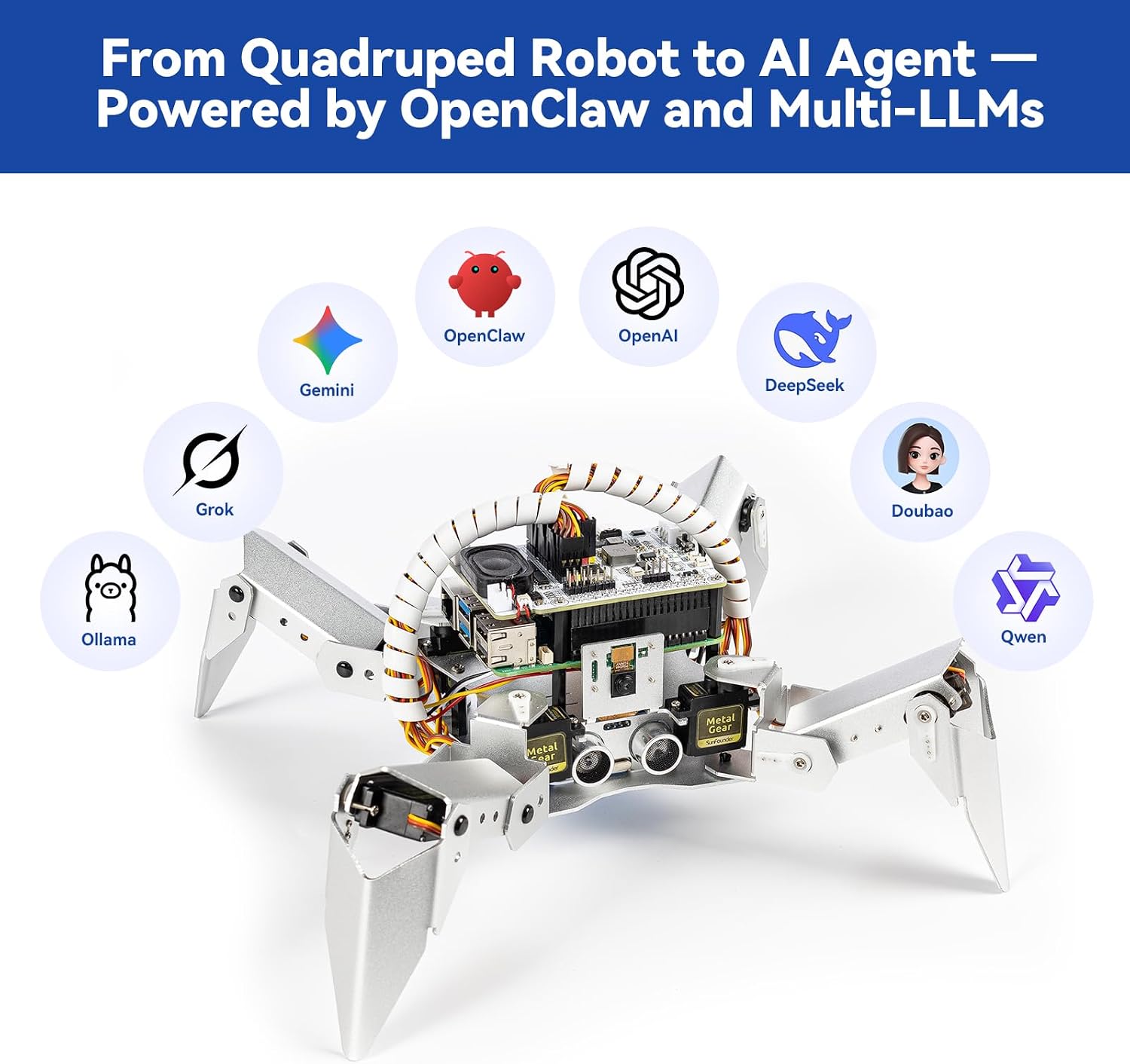 SunFounder PiCrawler AI Robot Kit for Raspberry Pi 5/4/3B+/Zero 2W, Openclaw LLMs ChatGPT/Gemini/Grok, Voice&Video Recognition, Python/Scratch, Mic, Battery, Camera (RPI NOT Included)