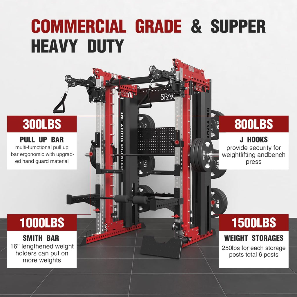 Commercial Smithe Machine with Weight Stack, All-in-One Power Cage Squat Rack Home Gym System with Leg Press Attachment & Cable Crossover, Multi-Functional Trainer with Dual Pulley System for Home Gym
