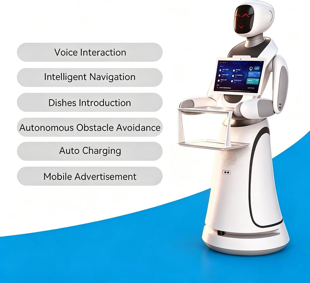 Restaurant Food Delivery Robot Service Waiter with Intelligent Navigation System, Autonomous Obstacle Avoidance, Interactive Display Screen, Dual Tray Design for Restaurant Hotel Hospitality Use