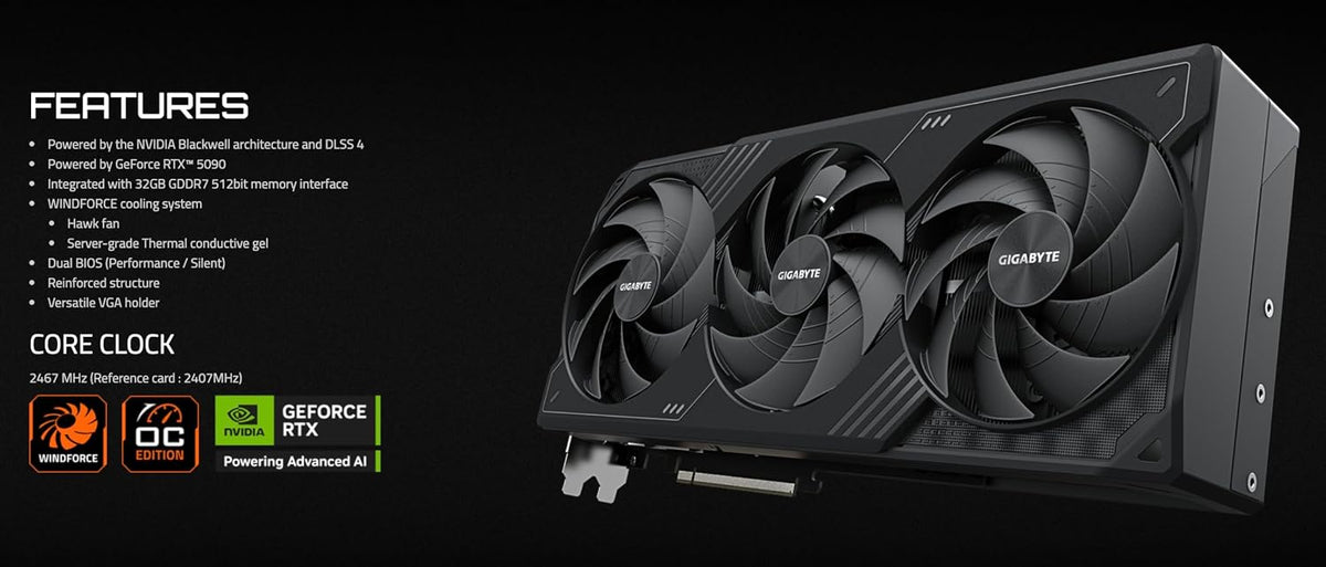 GIGABYTE Windforce GeForce RTX 5090 OC 32GB GDDR7 Graphic Card GPU GV-N5090WF3OC (Blackwell Architecture and DLSS, 3 Fans, Reinforced Structure, Server-Grade Thermal Conductive Gel) with HDMI Cable.