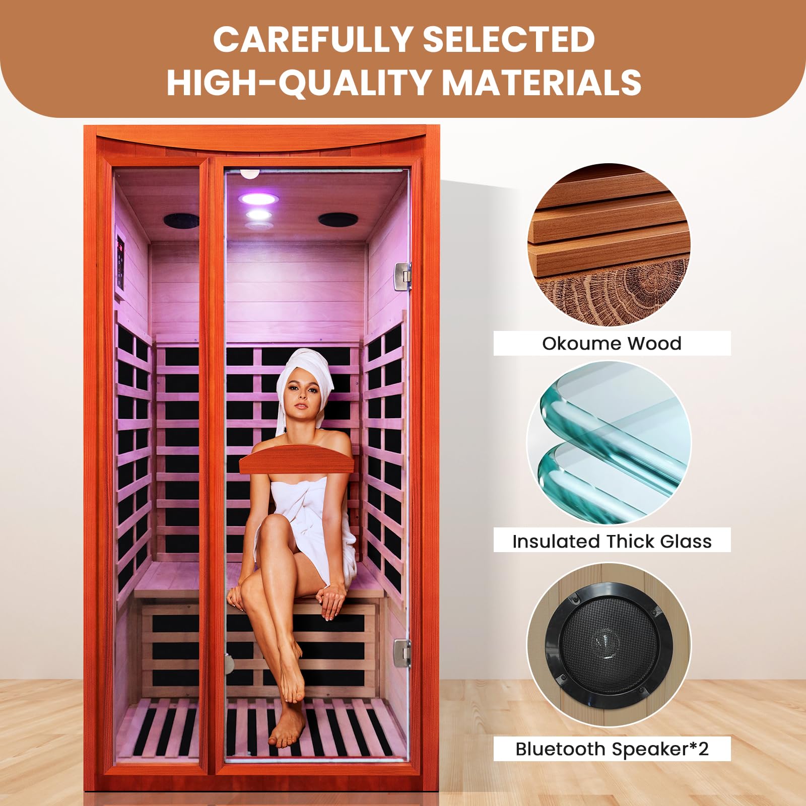 2 Person Infrared Sauna Far Infrared Sauna Room for Home Indoor 2000W Low-EMF Wood Dry Sauna with Full Starry Sky Lights Ceiling in 7 Color Speaker Fast Heating Easy Assembly- 47.3*41.3*74.8 IN