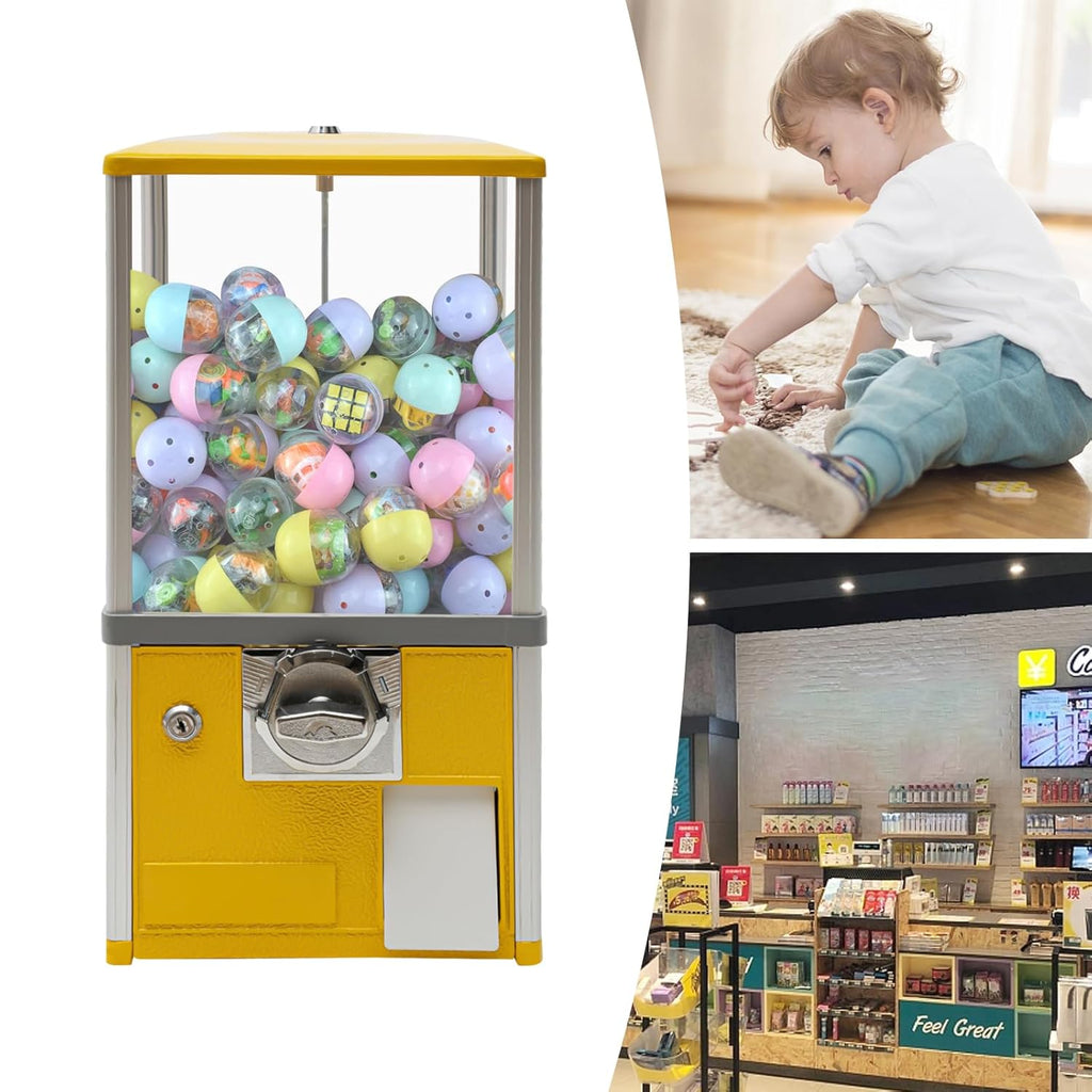 Vending Machine,Commercial Big Capsule Toys Vending Machine,800 Coin Bank Capacity 4×25 Cent Coins,Yellow Gumball Machine with Keys,1.77-1.97Inches Twister Ball Diameter for Game Stores, Retail Stores