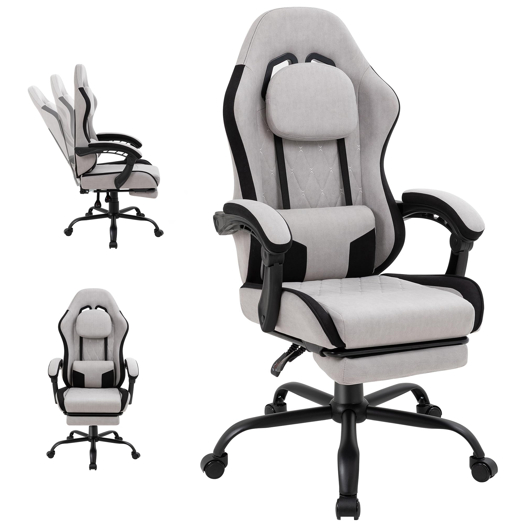 Shintenchi Big and Tall Gaming Chair Fabric Pocket Spring Cushion,High Back Recliner with Footrest and Headrest for Adults, Massage Lumbar Support for Home Office, Ergonomic Computer Desk Chair, Blue