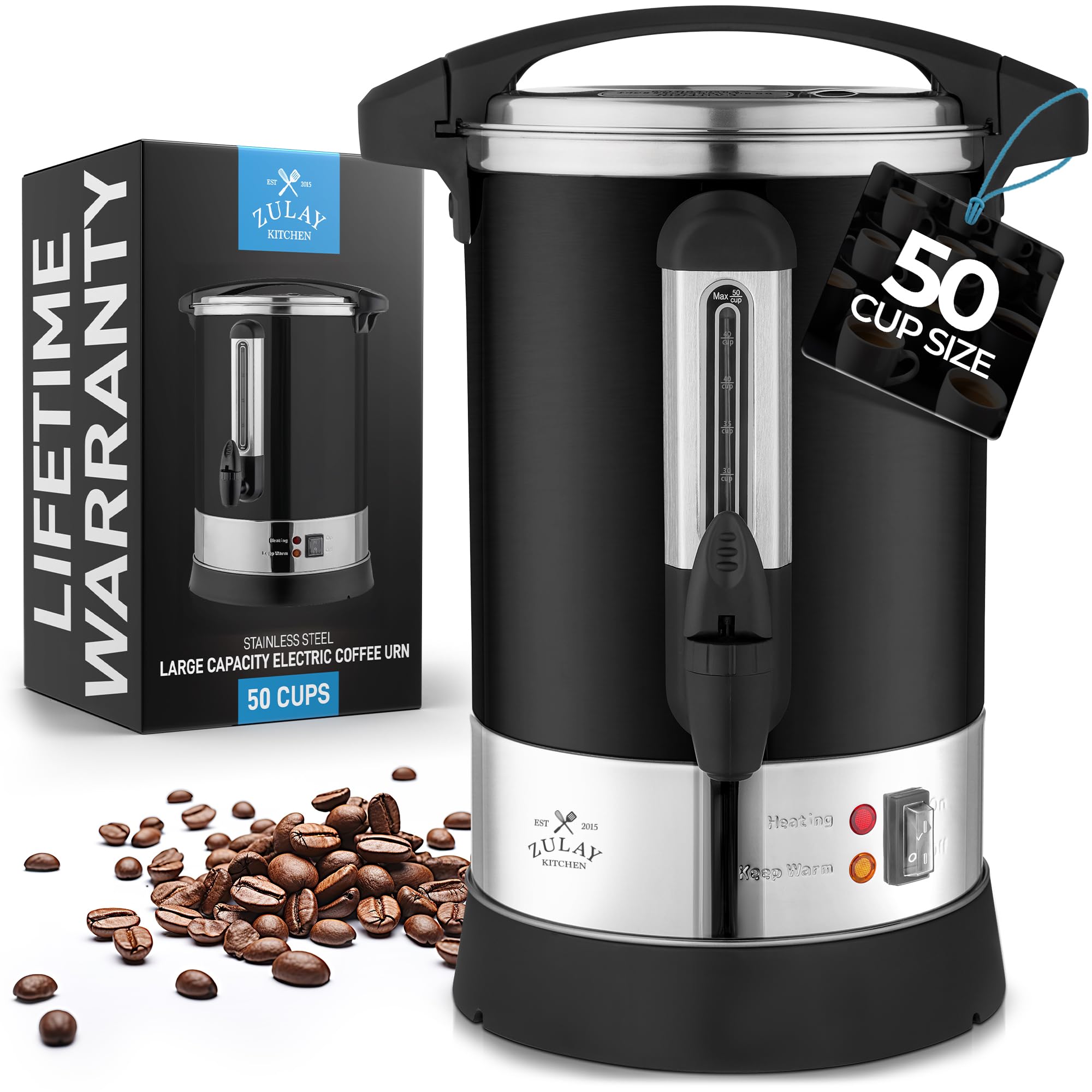 Zulay Kitchen 50 Cups Commercial Grade Coffee Maker Hot Water Urn - Percolator With Double-Wall Stainless Steel, Quick Brew, Stays Hot for Tea & Beverage at Events & Catering - Silver