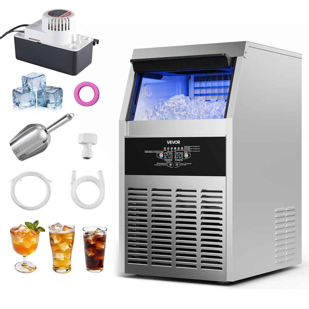VEVOR Commercial Ice Maker Machine with Pump, 360 lbs/24h with 85 lbs Storage Capacity, Built-in/Freestanding/Under Counter, Stainless Steel Ice Maker with LED Display & Self-Cleaning, for Home Bar