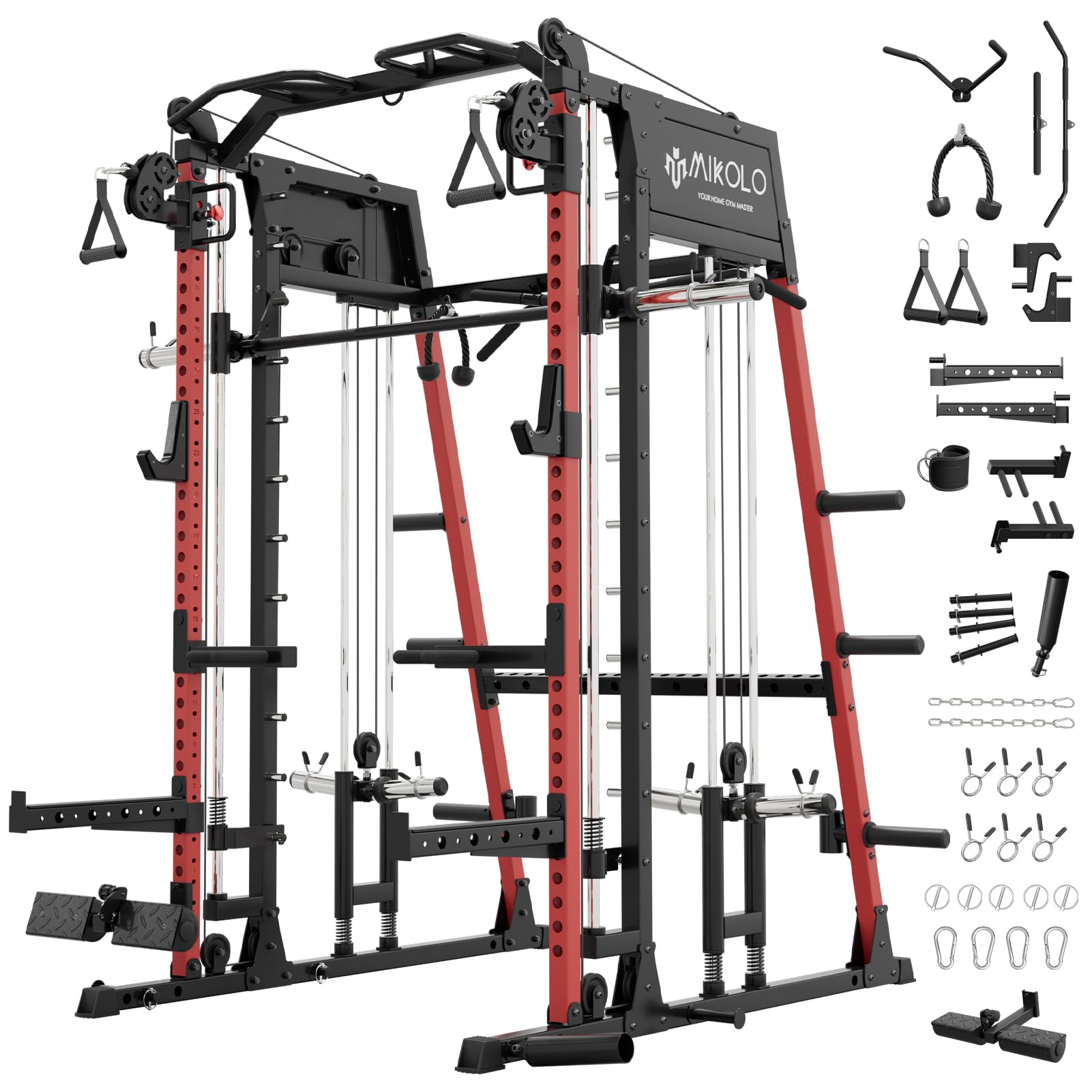 Mikolo M4 2.0 Smith Machine, 2200lbs Squat Rack with LAT-Pull Down System & Cable Crossover Machine, Training Equipment with Leg Hold-Down Attachment