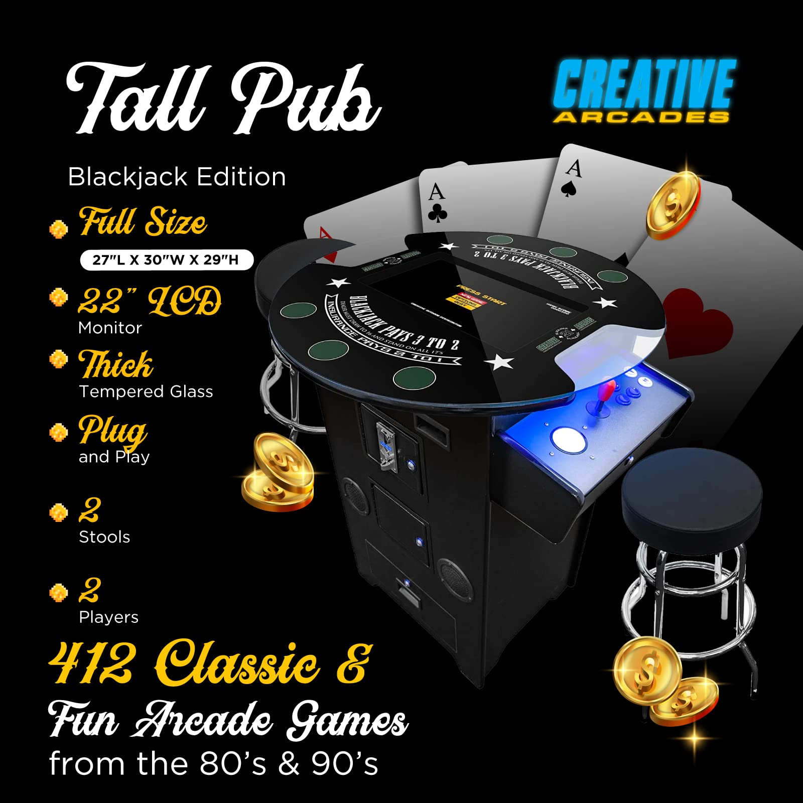 Creative Arcades Full-Size Commercial Grade Machine -Pub Style Arcade Table for 2 Player Cabinet for Home, 412 Games, Multiplayer Control Panel and Screen Size 22 inch.