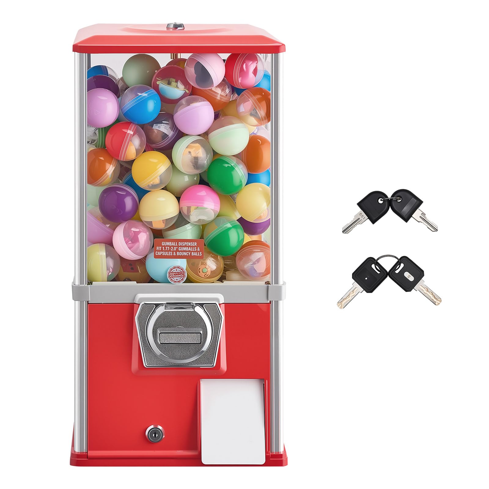 VEVOR Gumball Machine for Kids, 25" Height Home Vending Machine, PS Bouncy Balls Dispenser, Hold 230 Capsule Toys, Rectangle Bubble Gum Machine for Game Stores, Coin Operated Gumball Bank, Red