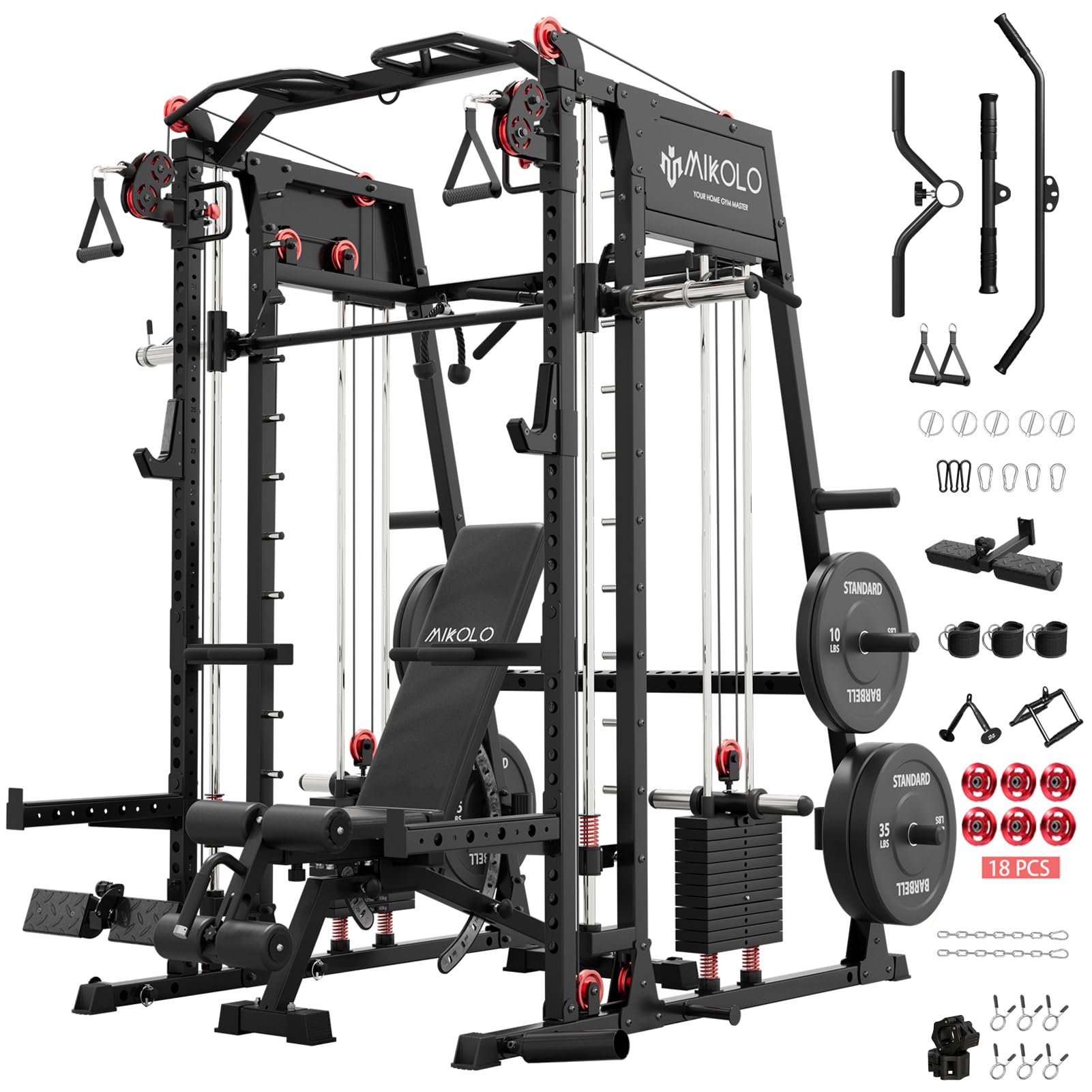 Mikolo M4 2.0 Smith Machine, 2200lbs Squat Rack with LAT-Pull Down System & Cable Crossover Machine, Training Equipment with Leg Hold-Down Attachment