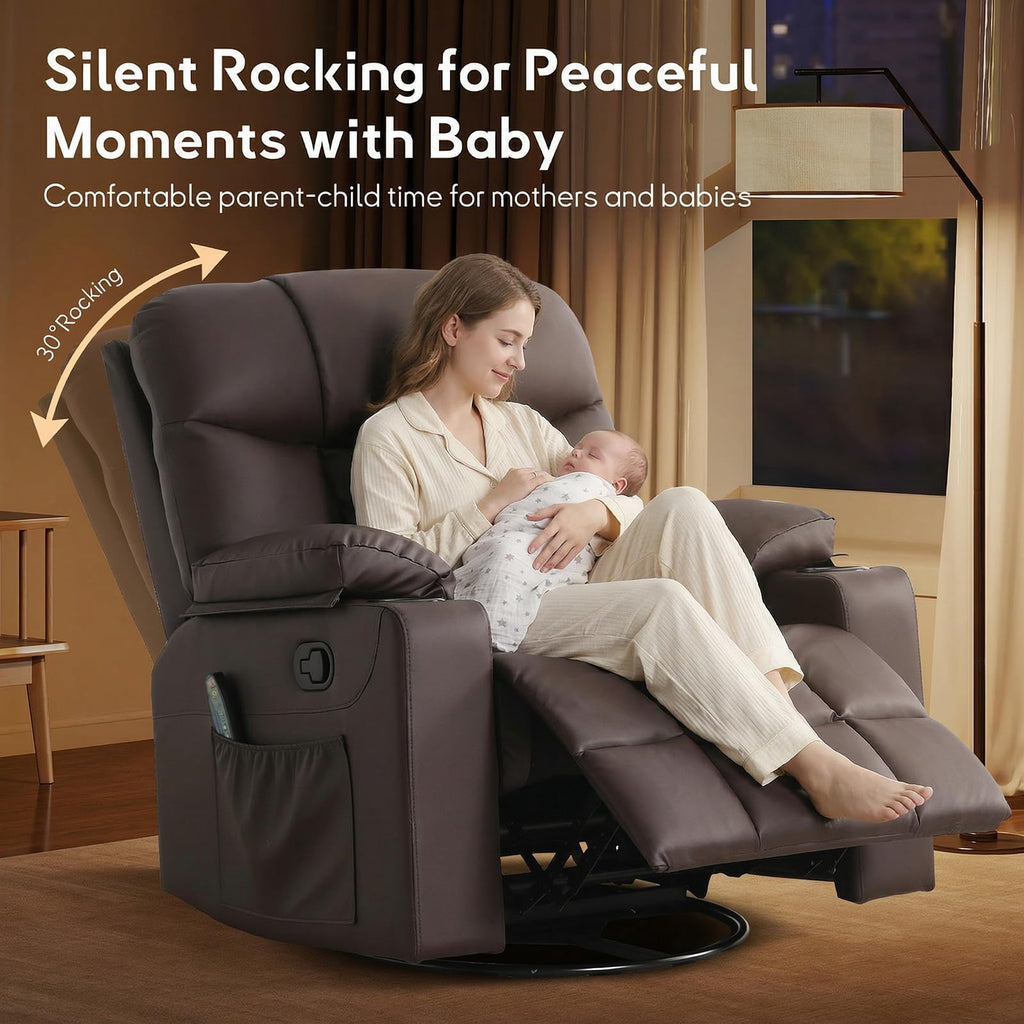 Bonzy Home Oversized Swivel Rocker Recliner, 40" Rocking Recliner Chair with Heated and Massage, PU Leather Single Sofa with Swivel Function, 2 Cup Holders for Living Room Bedroom, Black