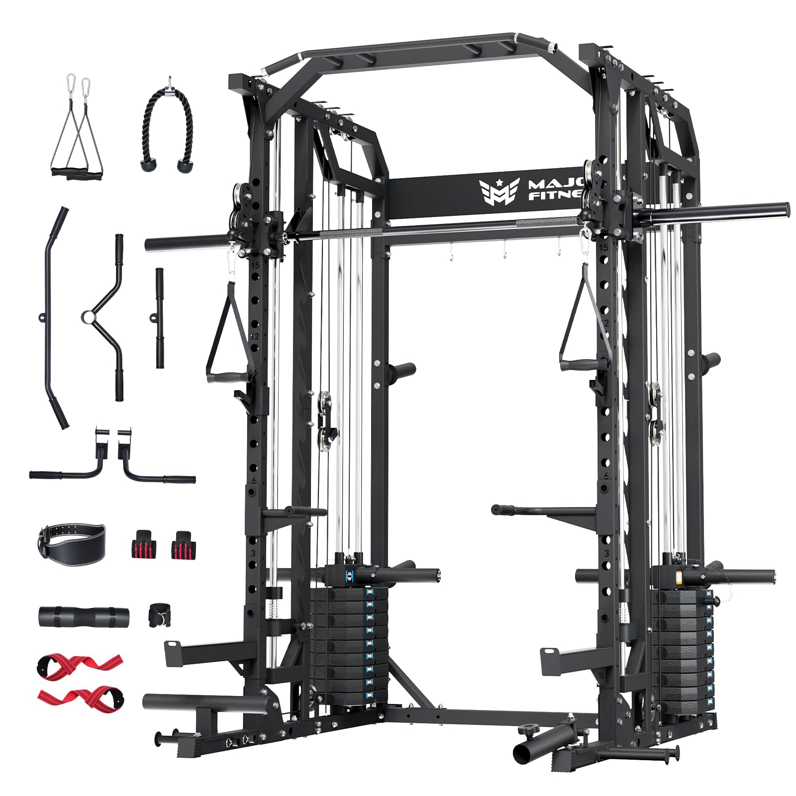 Major Fitness Drone2 Advanced Training Smith Machines– All-in-One Home Gym Squat Rack with Aluminum Pulley Set , Weight Bar, Dual LAT Pull-Down Systems & Cable Crossover Machine for Full-Body Workouts