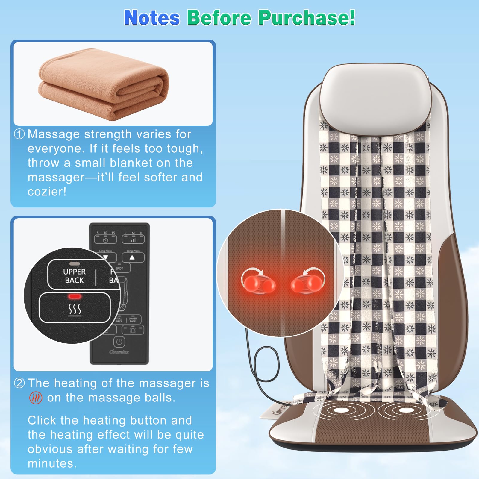 Back Massager with Heat, Full Body Massage Pad with Pillow Neck Support, Soft Plush Fabric Cover, Chair Massager with 3D Lumbar Truction and 8 Vibration Motors, Home Office Use