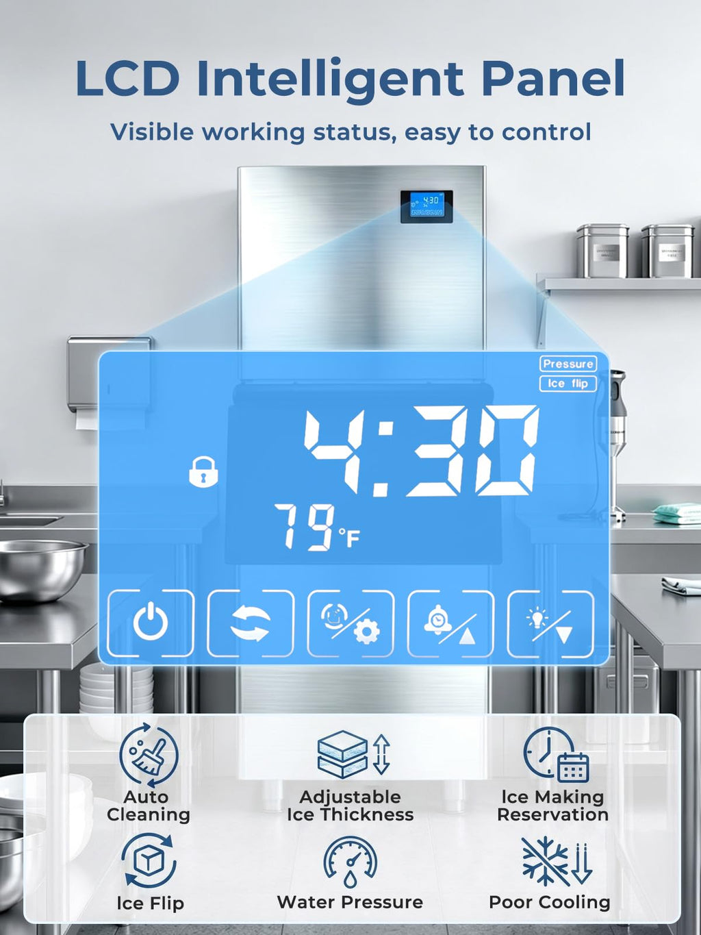 Commercial Ice Maker Machine 380LBS/24H, 250LBS Stainless Steel Storage Bin, 132 Ice Cubes in 8-15min, Self-Cleaning, Air Cooled Ice Machine with Touchscreen for Bar Business Restaurant Cafe (380 lbs)