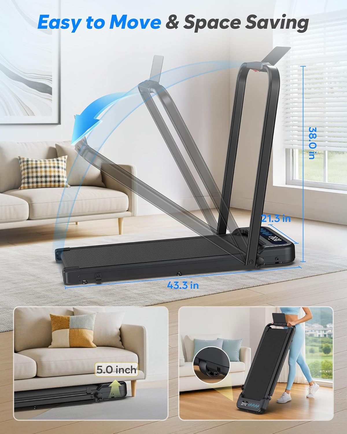 Cardirun Walking Pad with Incline and Handle Bar, Foldable Treadmills for Home Small Spaces, 3.0HP Quiet Compact Treadmill, Portable Under Desk Treadmill with LED Display, App & Remote Control