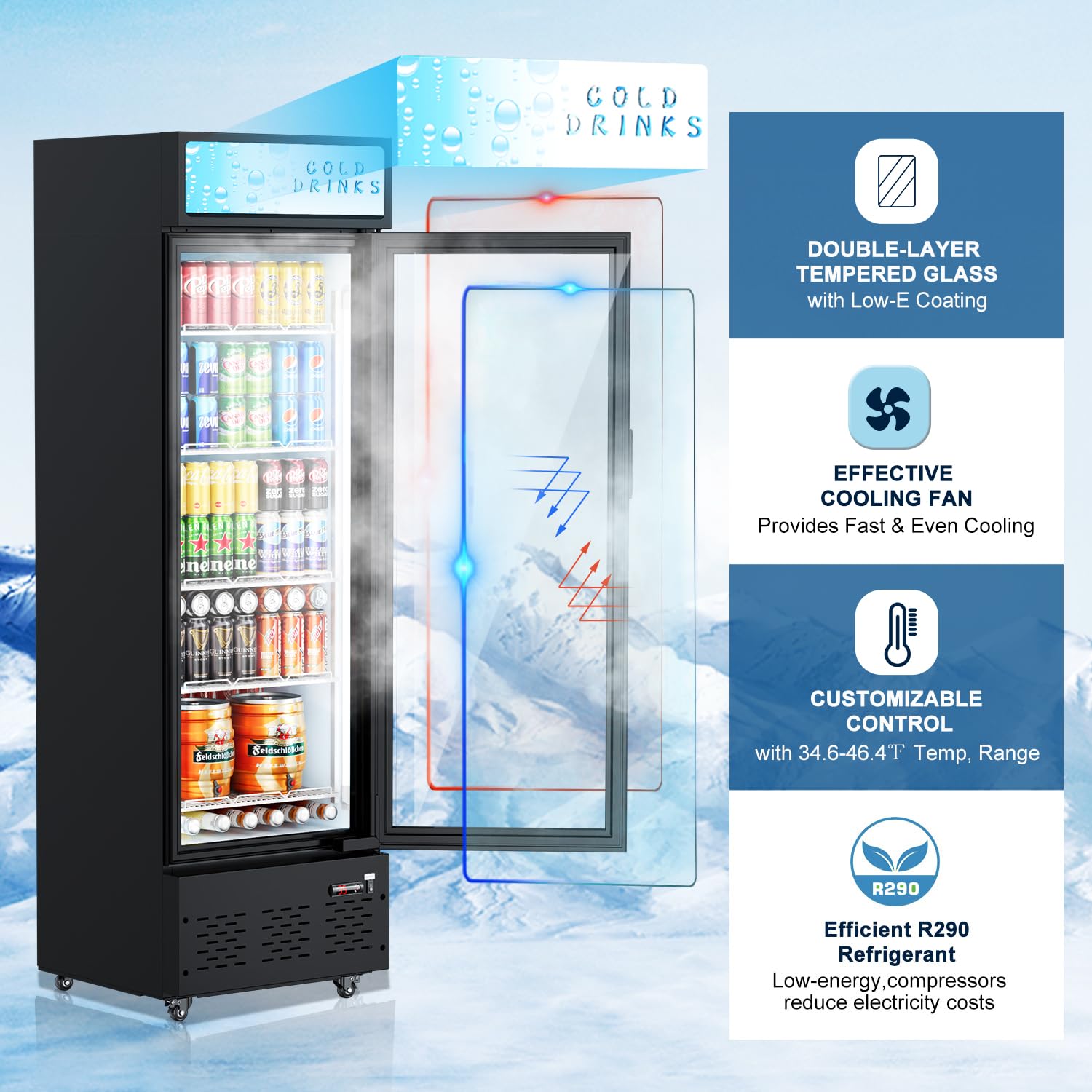 25.7'' W Commercial Refrigerators with Glass Door, 15 Cu.ft. Beverage Refrigerators Commercial Fridge Upright Display Cooler with Soft LED Light and Adjustable Shelves for Restaurant Stores