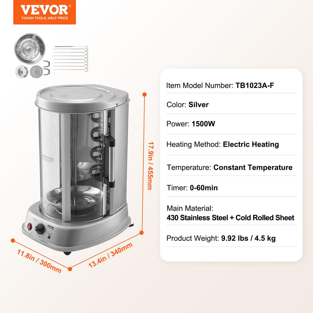 VEVOR Shawarma Grill Machine, Chicken Shawarma Cooker Machine Countertop, Electric Stainless Steel Broiler Gyro Rotisserie Oven Doner Kebab Machine, for Home Restaurant Kitchen Parties