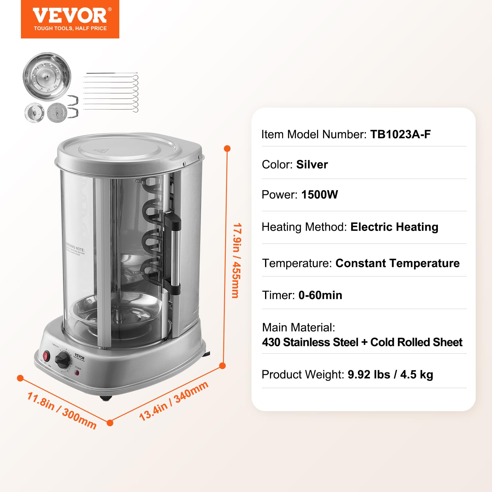 VEVOR Shawarma Grill Machine, Chicken Shawarma Cooker Machine Countertop, Electric Stainless Steel Broiler Gyro Rotisserie Oven Doner Kebab Machine, for Home Restaurant Kitchen Parties