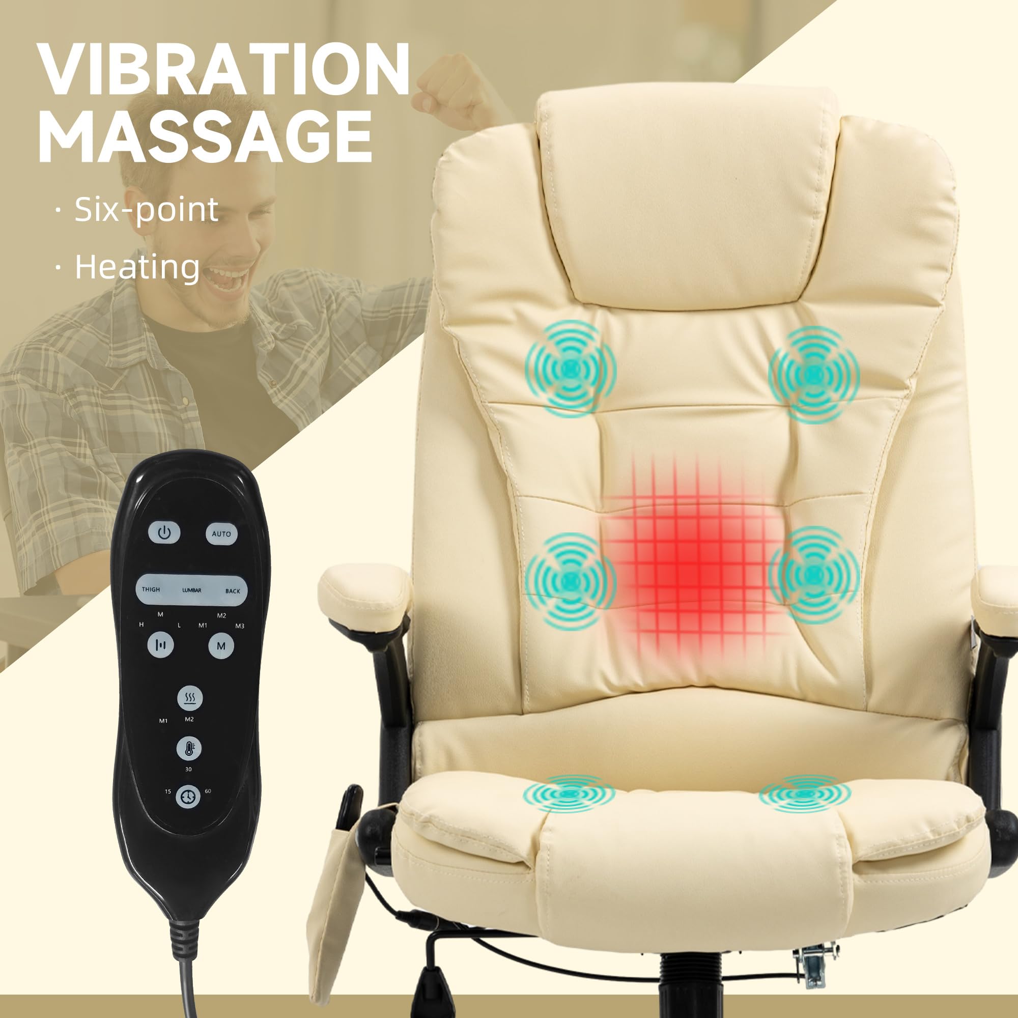 HOMCOM High Back Vibration Massage Office Chair with 6 Vibration Points, Heated Reclining PU Leather Computer Chair with Armrest and Remote, Brown