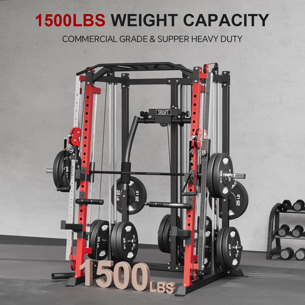 SPART Workout Station Angled Smith Machine with Bench,Cage System-Home Gym Multifunction Rack,Workout Equipment with Smith Bar, LAT Pull-Down Systems, Cable Crossover Machine and Cable Attachment