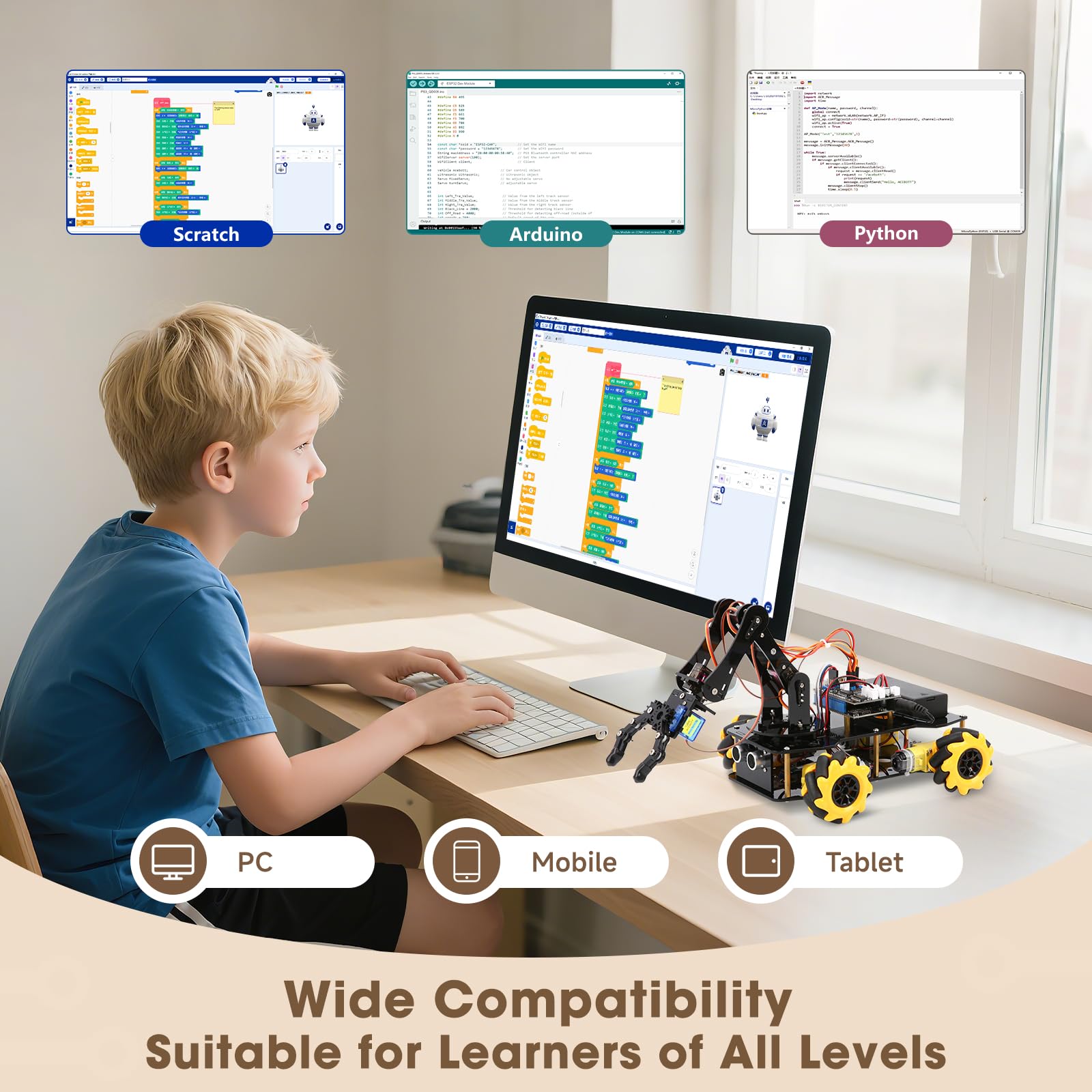 ACEBOTT Robotics for Kids Ages 8-12, Smart Robot Arm Car Kit with 5DOF, STEM Toys for Boys Age 8-12 12-16+, ESP32 Arduino/Python/Blockly Coding, App & Remote Control, STEM DIY Gift for Teens & Adults