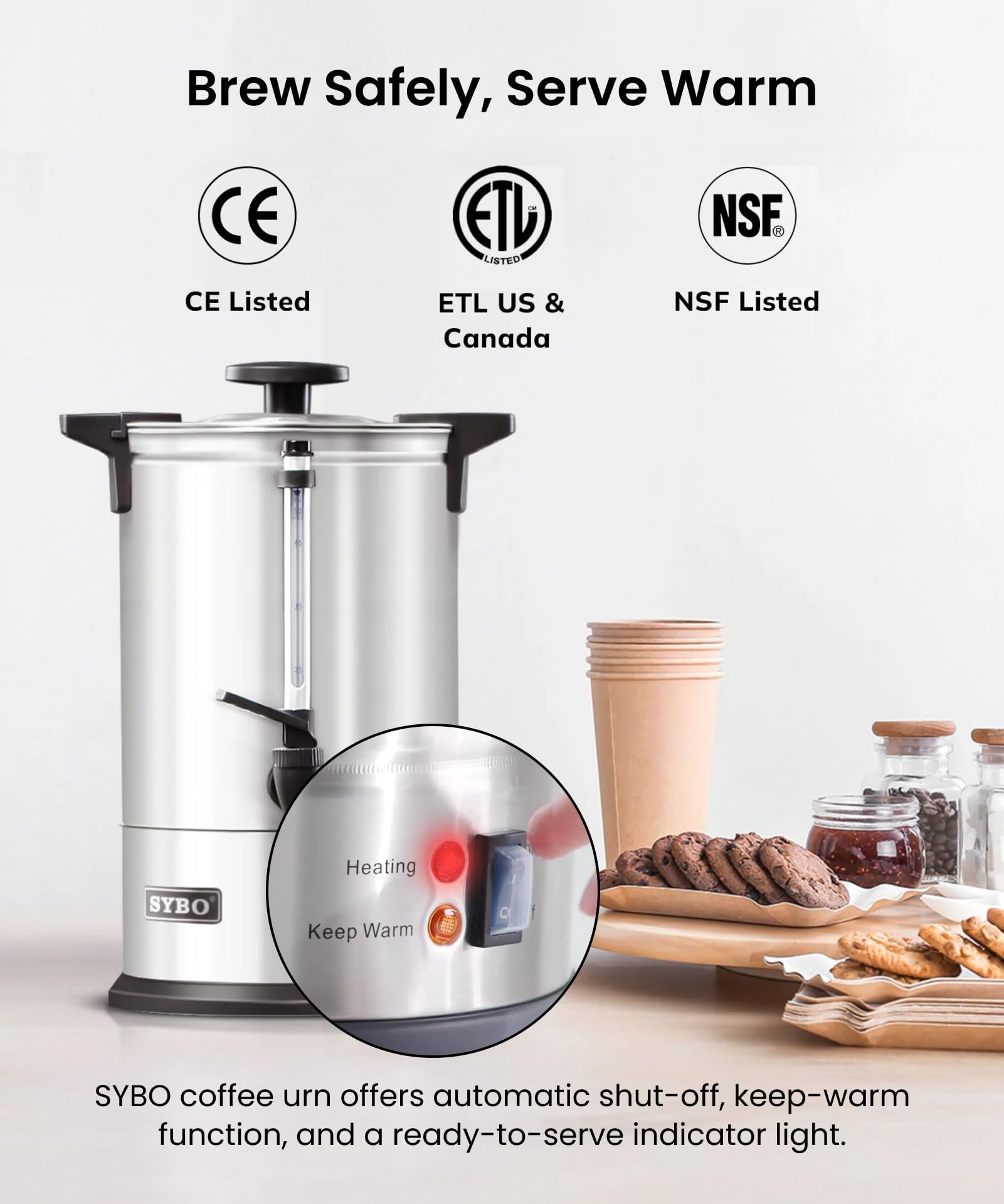 SYBO SR-CP-100B Commercial Grade Stainless Steel Percolate Coffee Maker Hot Water Urn for Catering, 100-Cup 16 L, Metallic