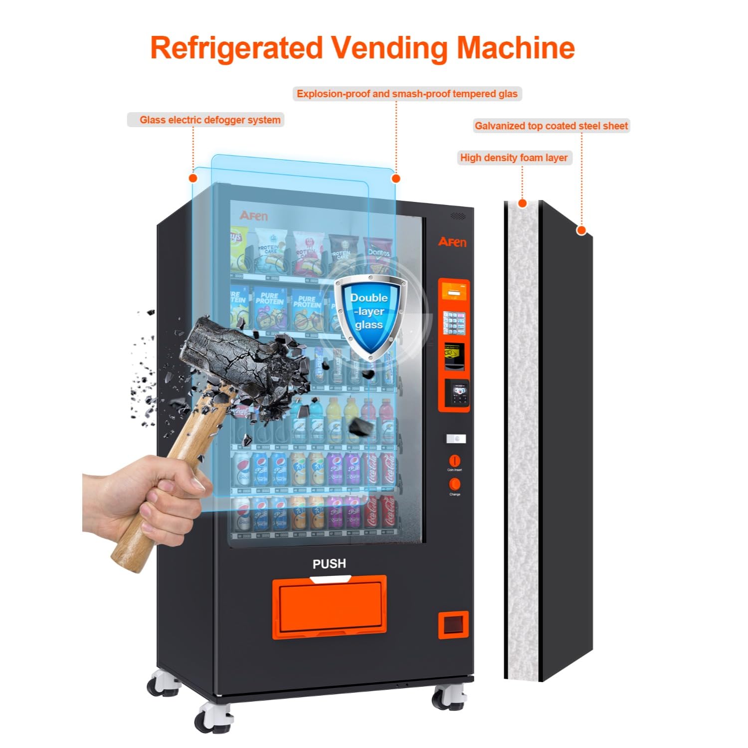 60 Slot Vending Machines for Business, Refrigerated Snack Drink Vending Machine, Commercial Smart Combo Vending Machine with Bill and Coin, Card Reader