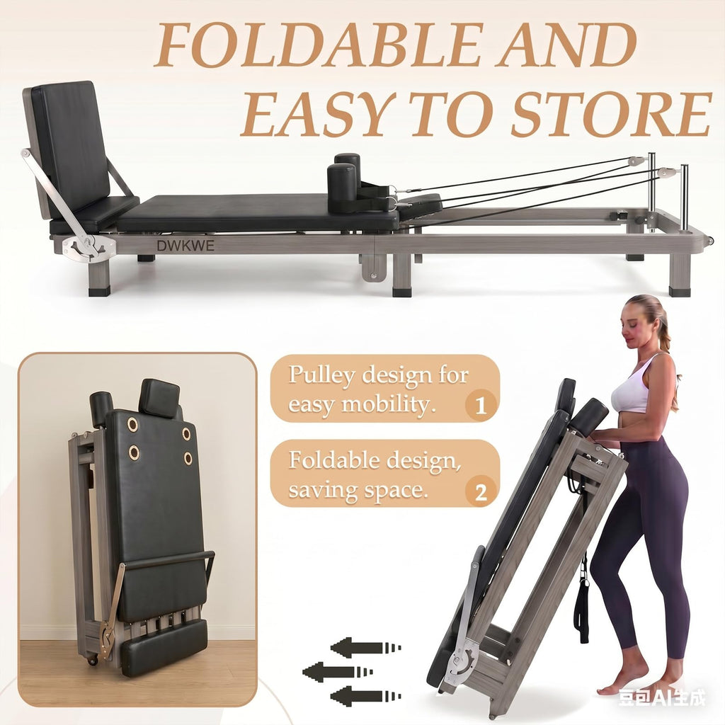 Foldable Pilates Reformer Machine – 88" Long Imitation Wood Frame with Jumpboard & Box Included, Dual Resistance System (Springs + Latex Tubes) for Full Body Workout, Home Gym Equipment for Women Men