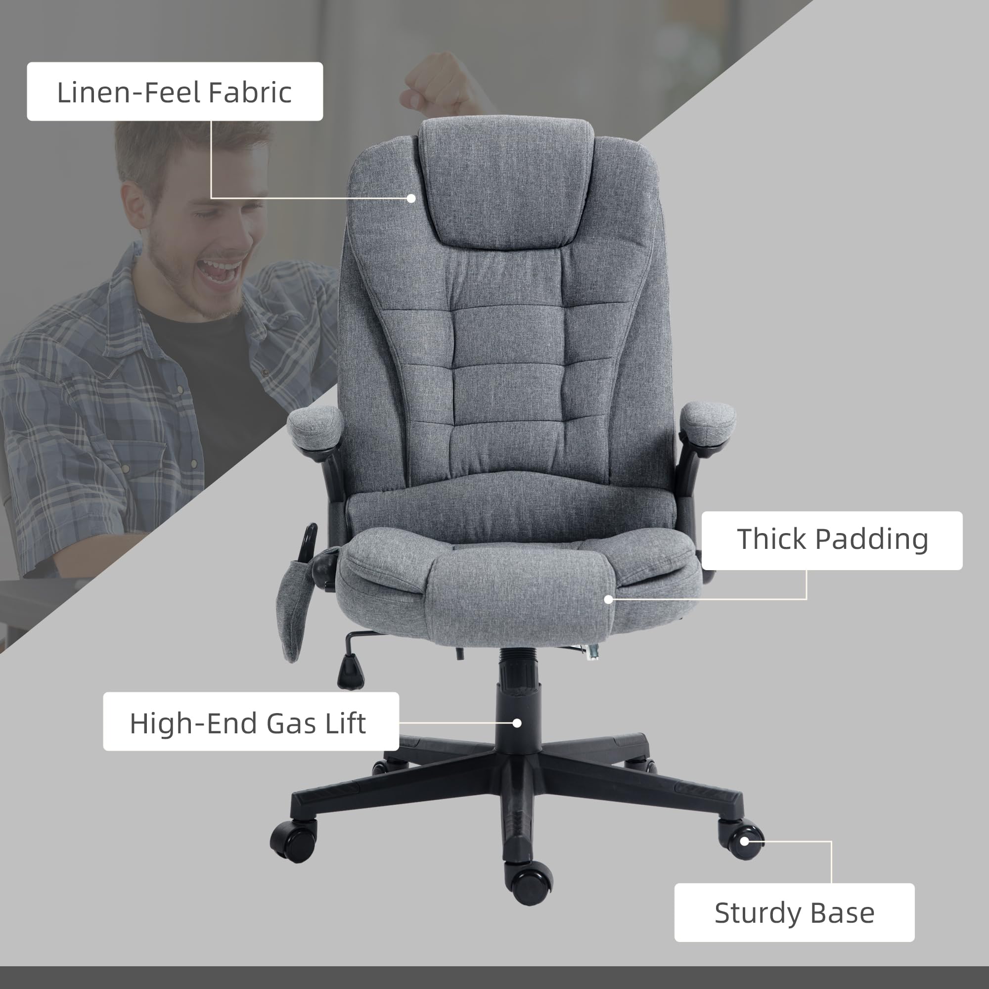 Vinsetto 6 Point Vibrating Massage Office Chair with Heat, Linen High Back Executive Office Chair with Reclining Backrest, Padded Armrests and Remote, Black