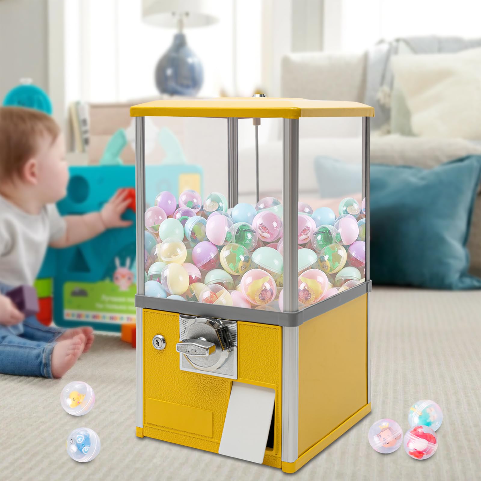 25 Cents Coin Operated Vending Machine, 1.77-1.97 Inch Spherical Capsule Candy Dispenser Store Bulk Vending Machine for Game Stores, Retail Stores, Gumball Bank (Yellow)