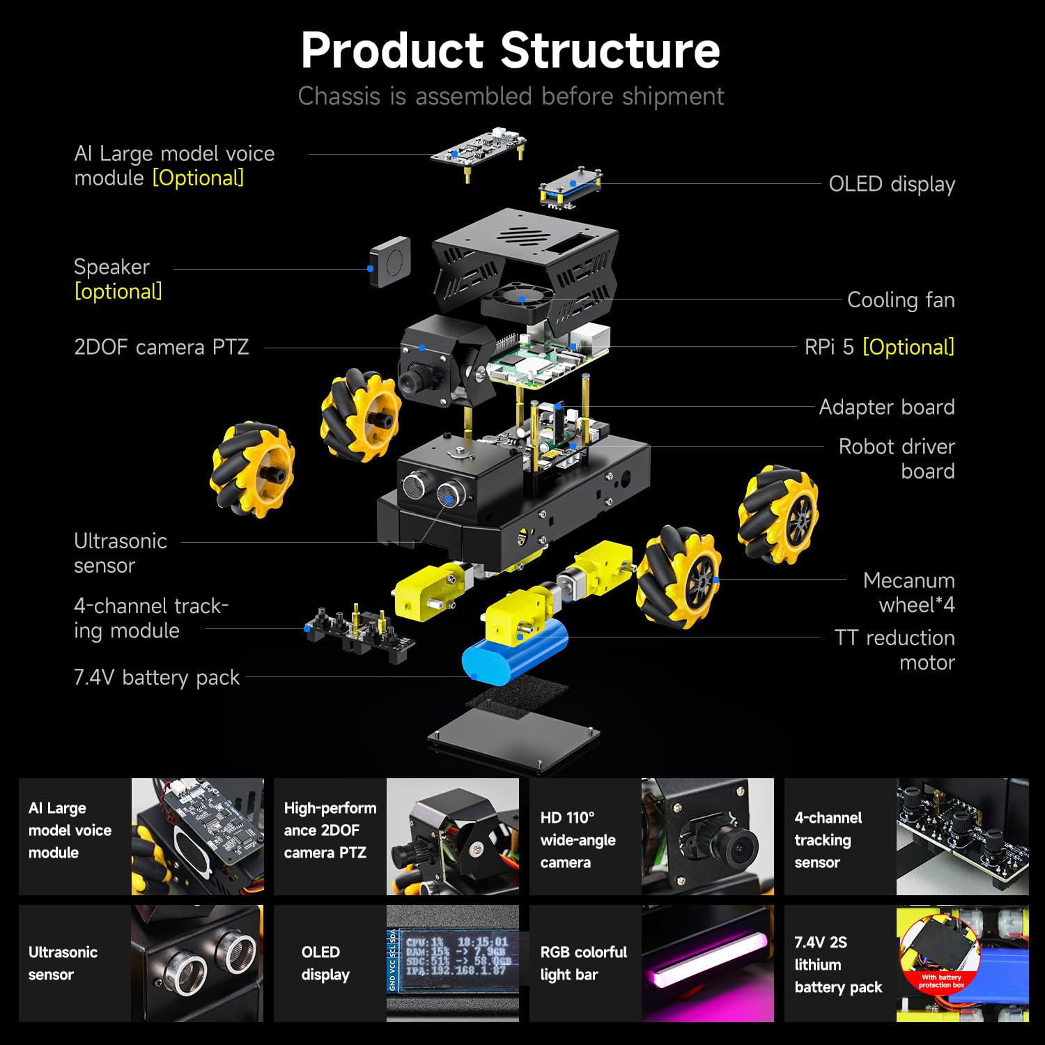 Yahboom Raspberry Pi 5 ROS2 Robot Car 360°Movement, AI Vision & Tracking, Integrated Multimodal Large AI Model OpenRouter, AI Voice Interaction (Superior Without RPi5)