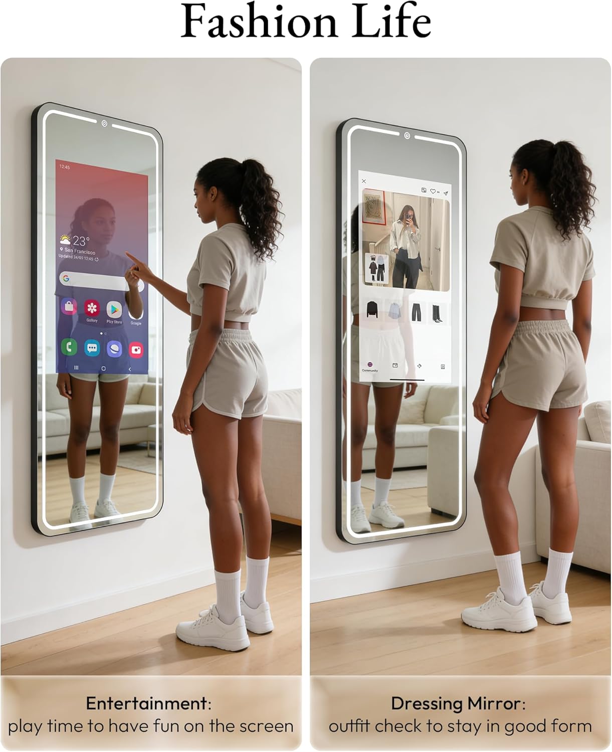 HARZHI Smart Fitness Mirror with 32'' HD Touchscreen, 65'' Full-Length Mirror, Android OS, Voice Control, for Home Gym, Yoga, Dance and Training
