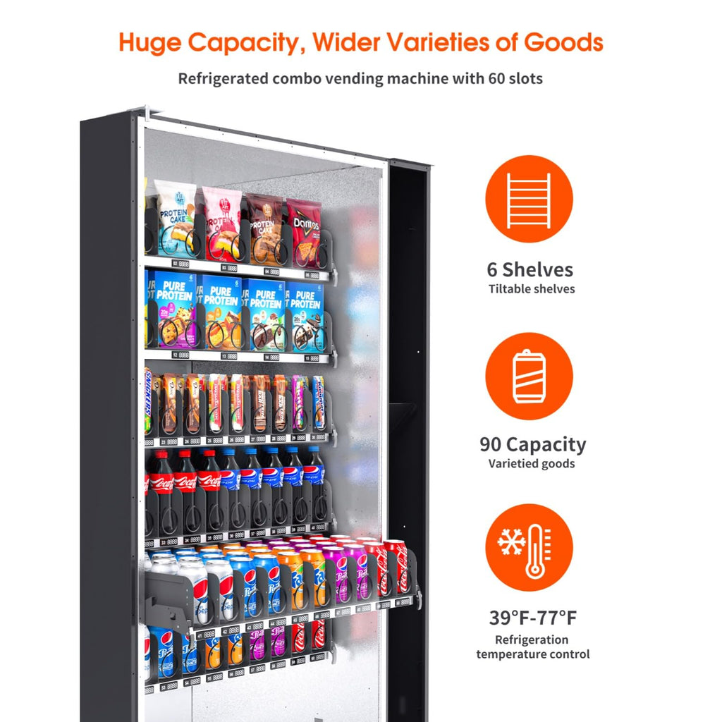 60 Slot Vending Machines for Business, Refrigerated Snack Drink Vending Machine, Commercial Smart Combo Vending Machine with Bill and Coin, Card Reader