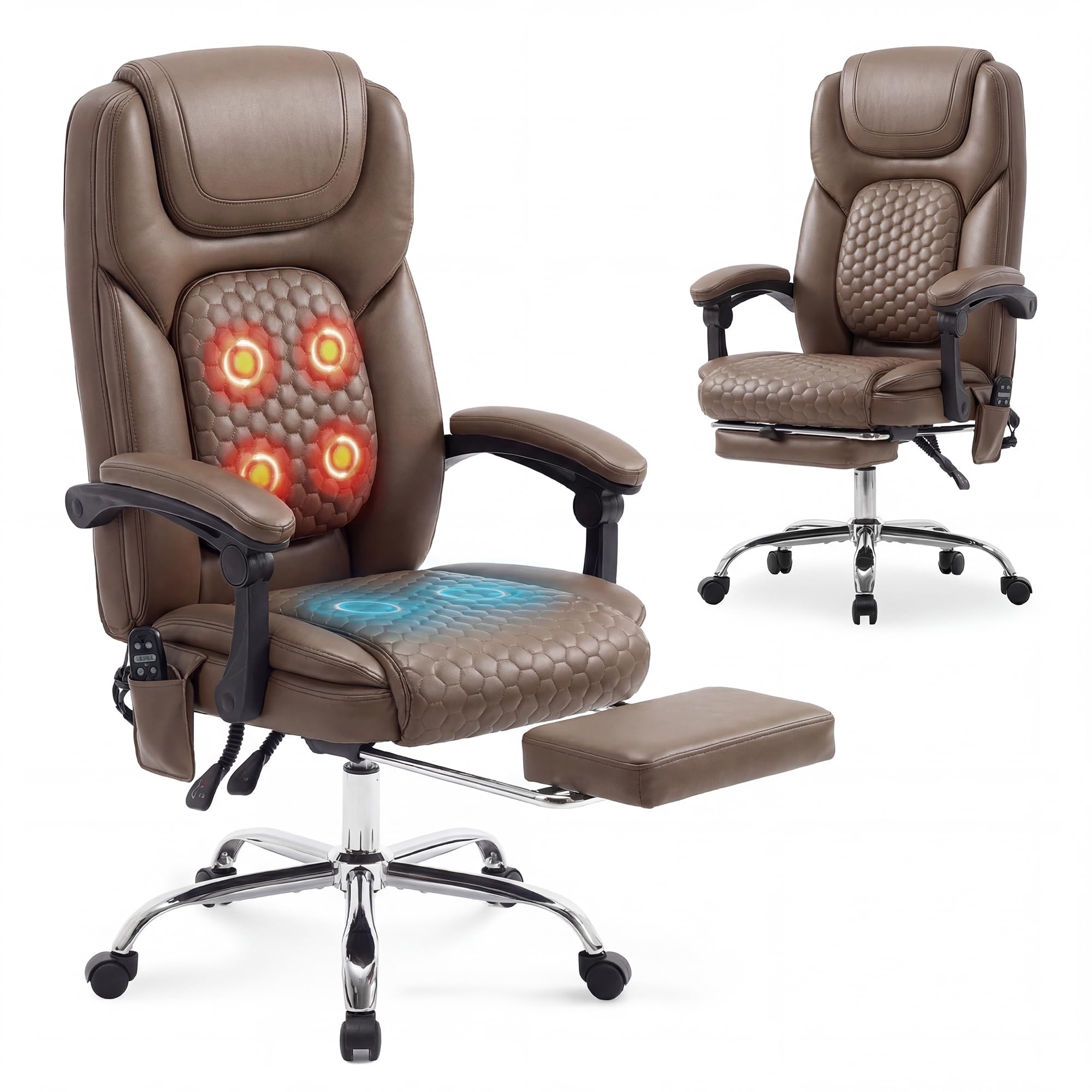 MALOL Massage Office Chair with Heat and Footrest - 3-Level 65°C Targeted Heating, 20-Min Easy Assembly Leather Desk Chair, Big and Tall Executive Computer Chair with Side Pocket, 300 lbs, Beige