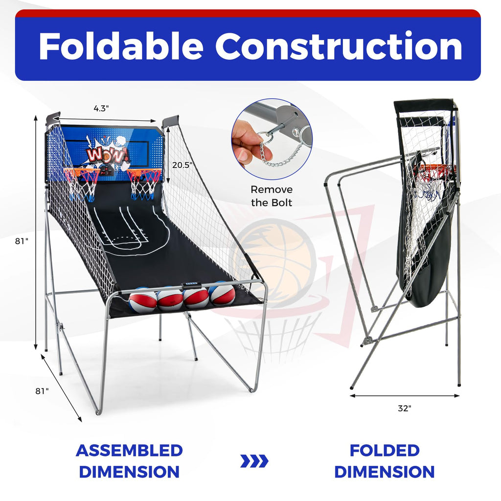 KOTEK Basketball Arcade Game Indoor, Foldable Dual Shot Electronic Basketball Games for 2 Players w/8 Game Options & LED Scoring System, Basketball Hoop Arcade for Family Home Play (Green)