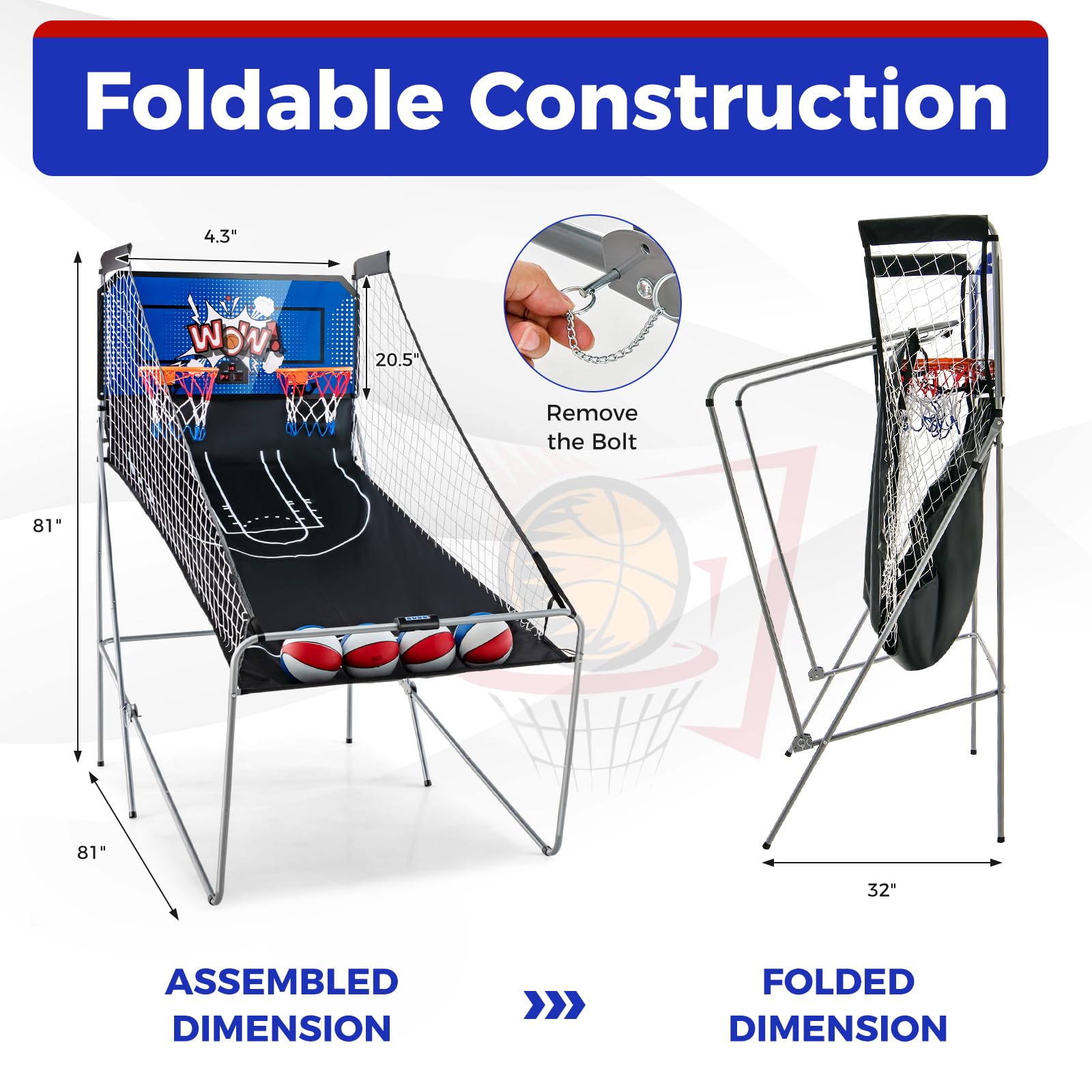 KOTEK Basketball Arcade Game Indoor, Foldable Dual Shot Electronic Basketball Games for 2 Players w/8 Game Options & LED Scoring System, Basketball Hoop Arcade for Family Home Play (Green)