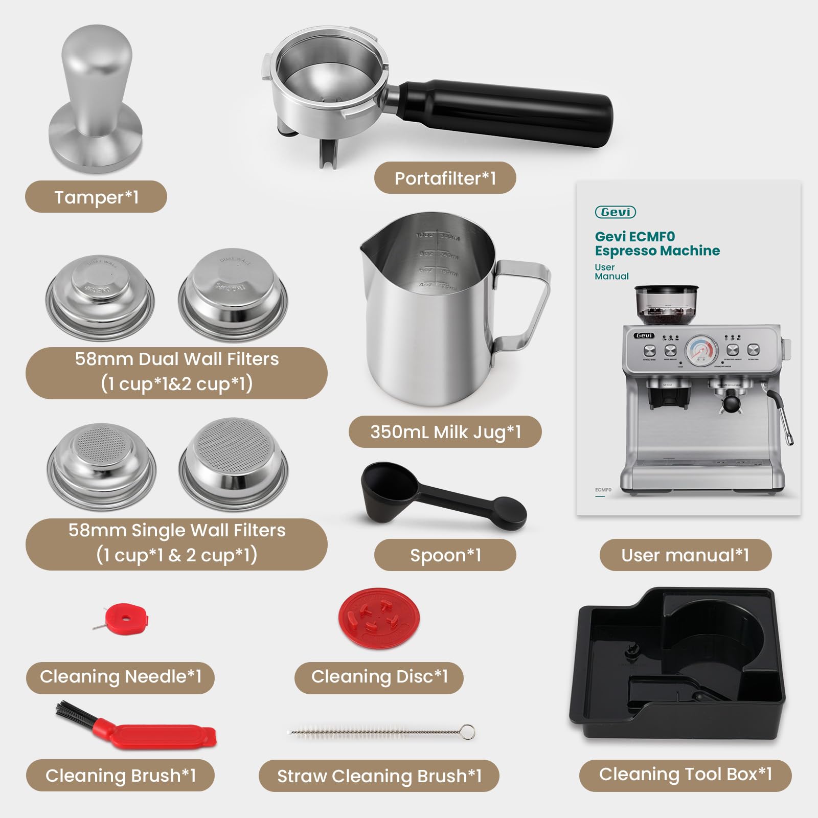 Gevi 20 Bar Espresso Machine with Built-in Grinder & Milk Frother | Professional Coffee Maker for Home | Cappuccino, Latte, 2.3L Removable Water Tank, Stainless Steel Steam Wand