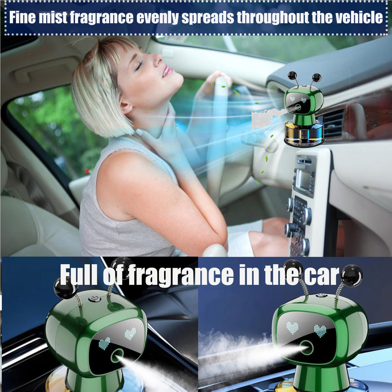 Robot Intelligent Aromatherapy Machine, Smart Cute Robot Car Air Freshener - Fine Spray/Fillable/Four-Gear Adjustment/Vibration Sensing/On-Off/Large Capacity Long-Lasting Fragrance/Black-V2(Cologne)