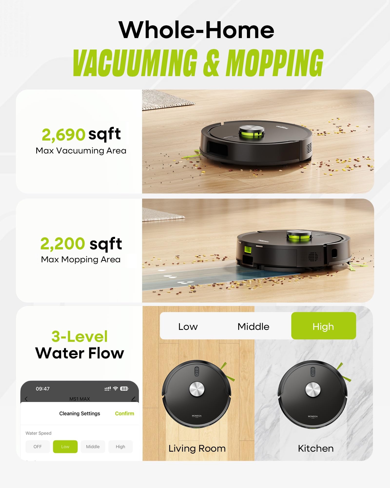 MONSGA Robot Vacuum and Mop Combo, 90 Days Self-Emptying with 8000Pa Suction, LiDAR Smart Mapping, Dual Anti-Tangle for Pet Hair, Carpet and Hard Floor