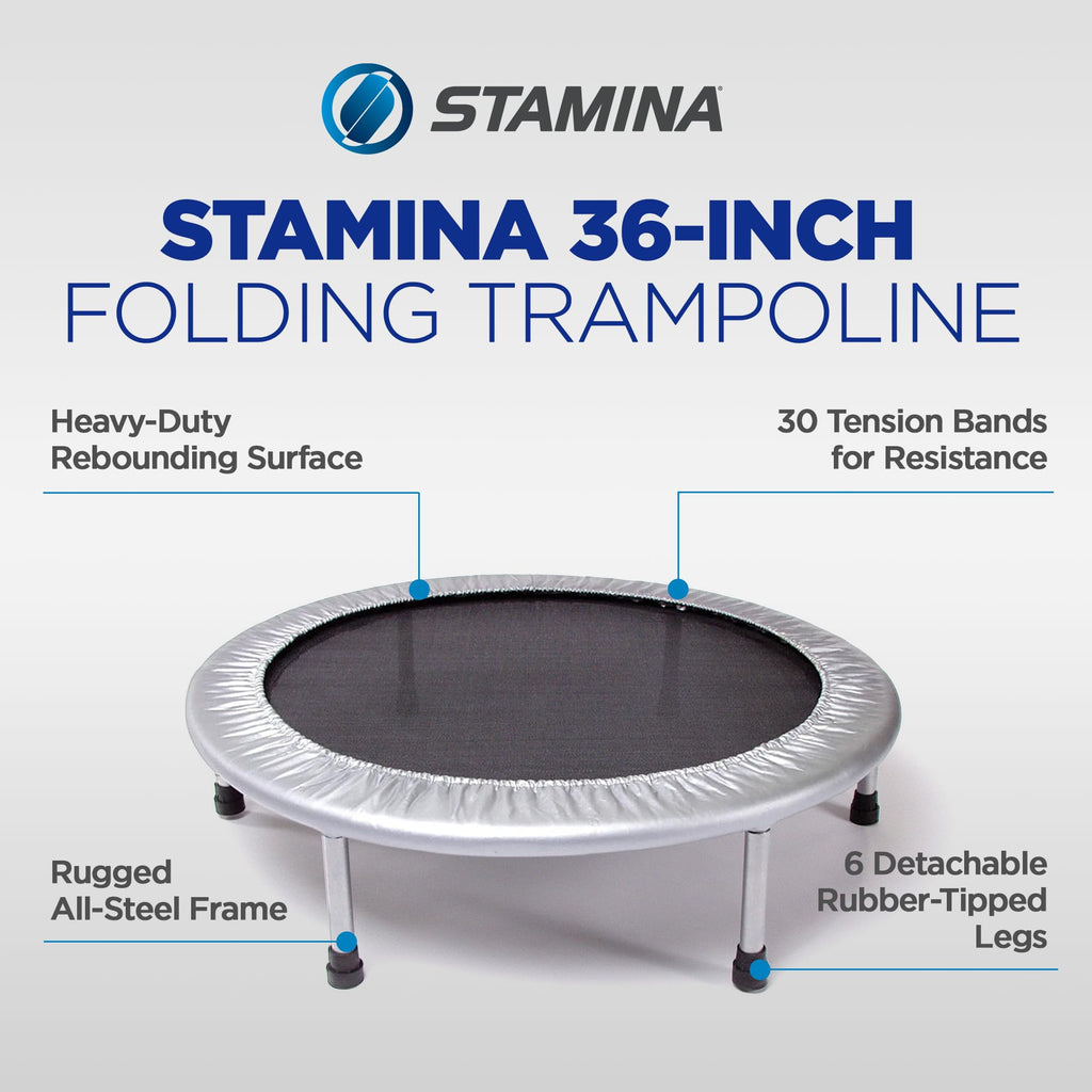 Stamina Folding Trampoline with Smart Workout App, Black - Portable Fitness Rebounder for Home Gym, Cardio & Strength Training, Jumping Exercise Equipment