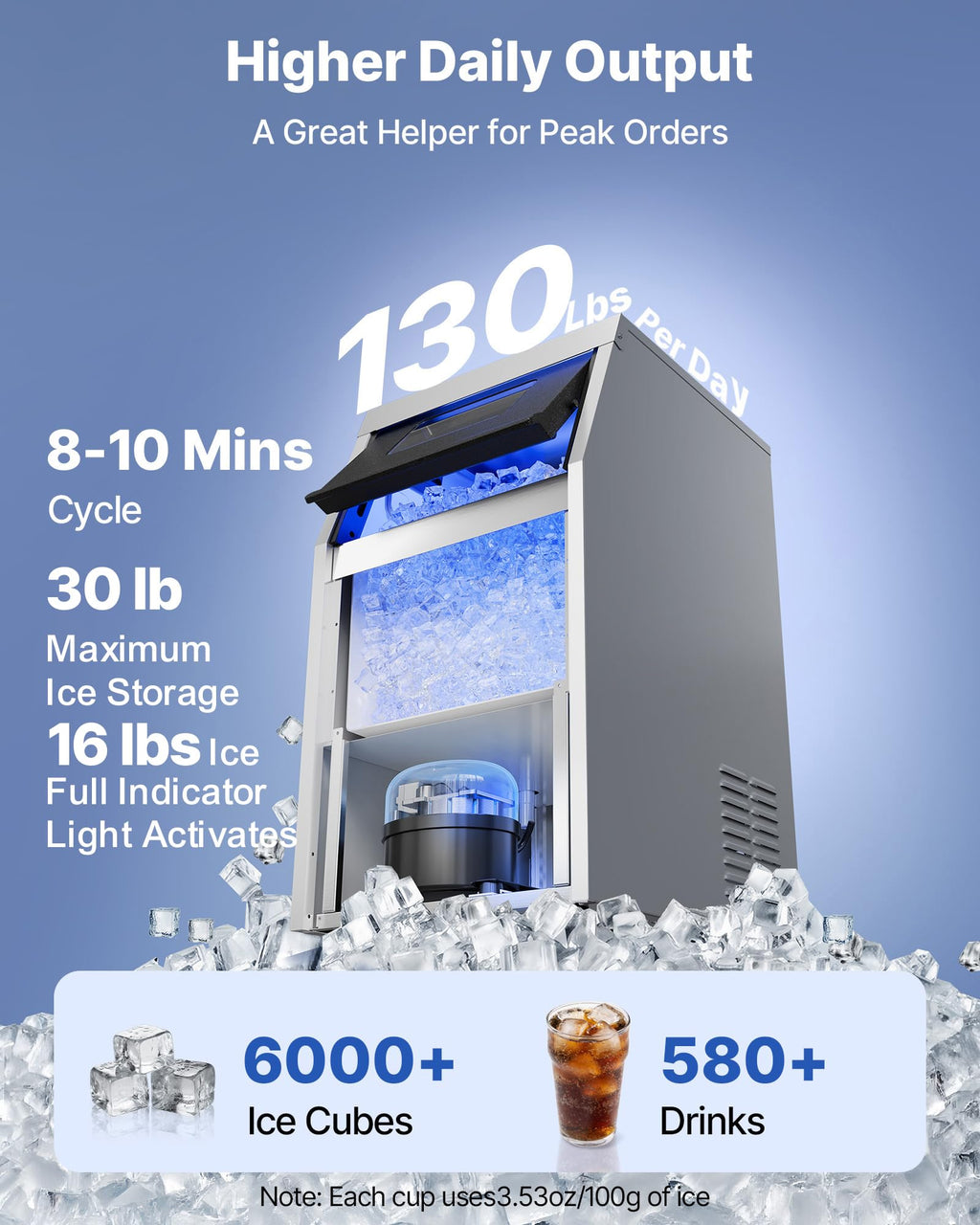 VEVOR Commercial Ice Maker Machine, 100 lbs/24h with 30-35 lbs Storage, Bullet Ice,Built-in/Freestanding/Under Counter, Stainless Steel Ice Maker with LED Display for Home Bar Restaurant