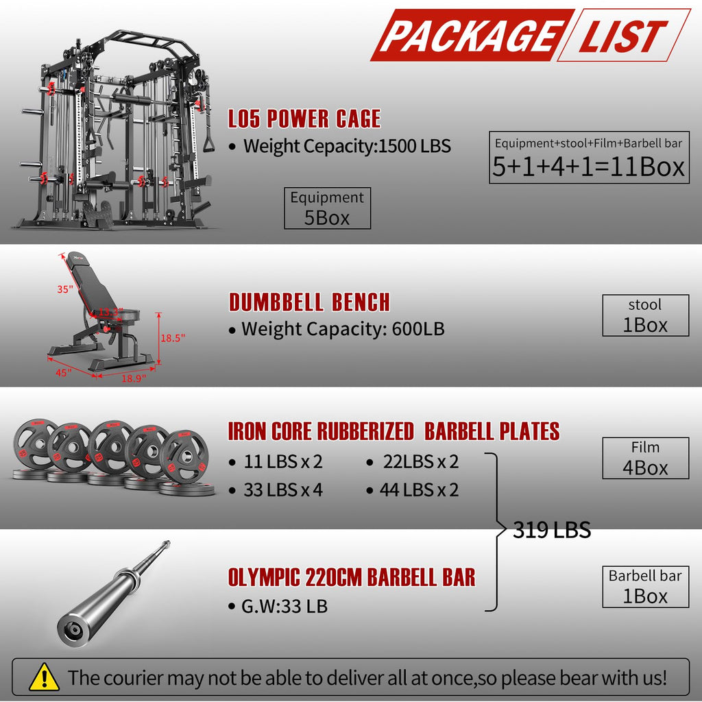 Smith Machine with Cable Crossover System, Multi-Function Squat Rack Power Cage for Home Gym, Power Rack and Packages Weight Sets