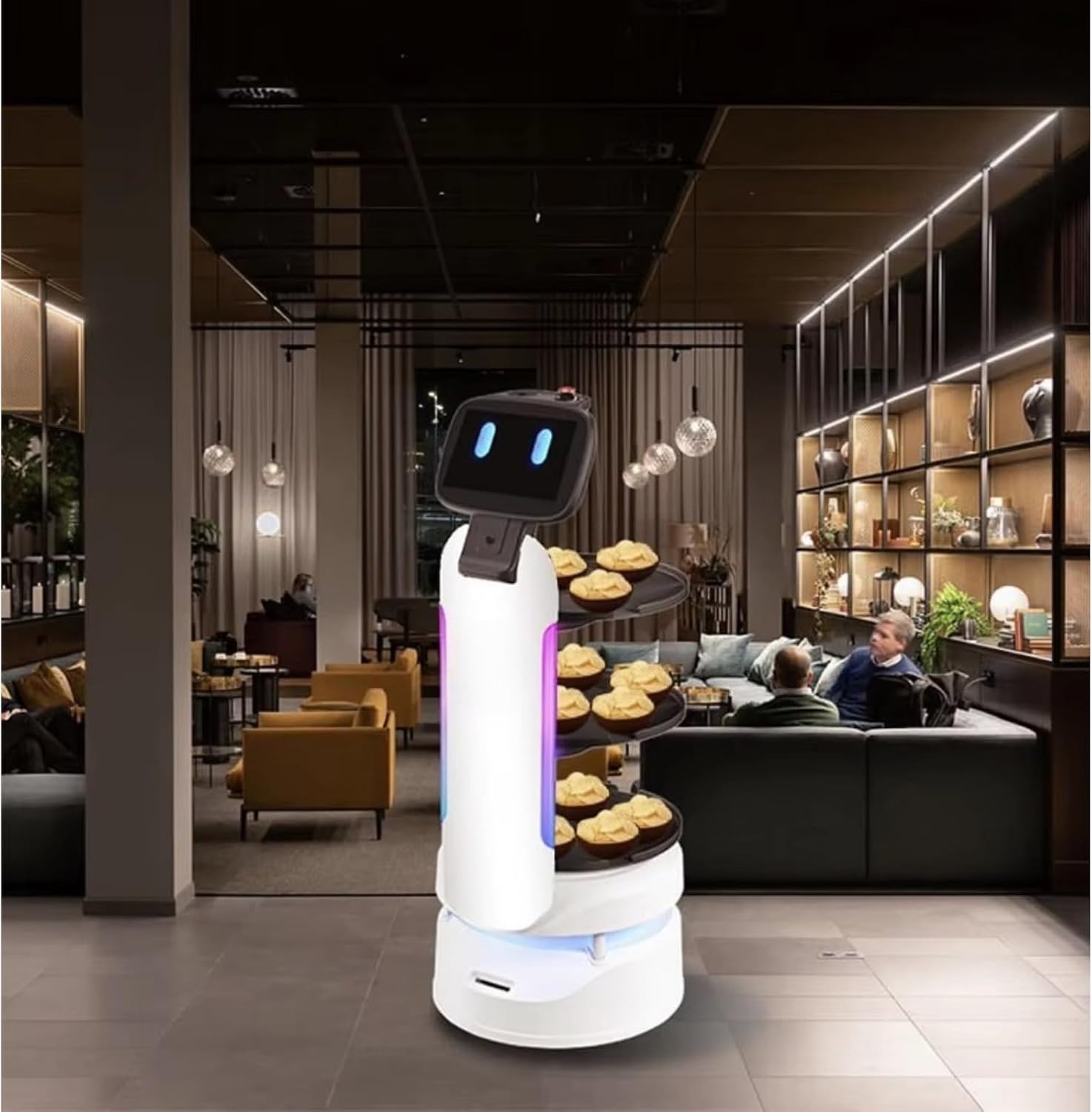 Indoor Waiter Robot with 360° No-Blind Camera, Delivery Service Robot Spill Proof Design & AI Reminder Light, Flexible Schedule for Restaurant KTV, Efficient Food Recycle & Delivery Service