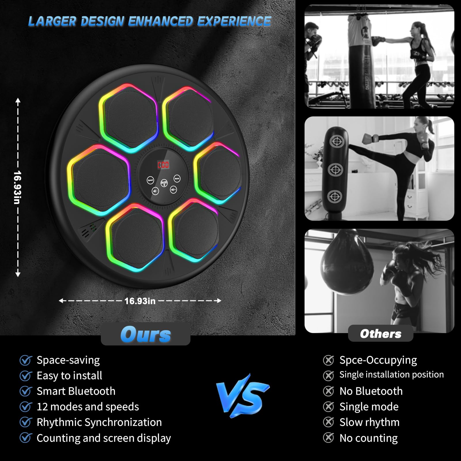 GAINO Music Boxing Machine, Smart Bluetooth Boxing Machine for Adults & Kids with 2 Boxing Gloves, 12 Modes/Speeds, Wall Mounted Music Boxing Workout Equipment for Home Office Gym(Black)