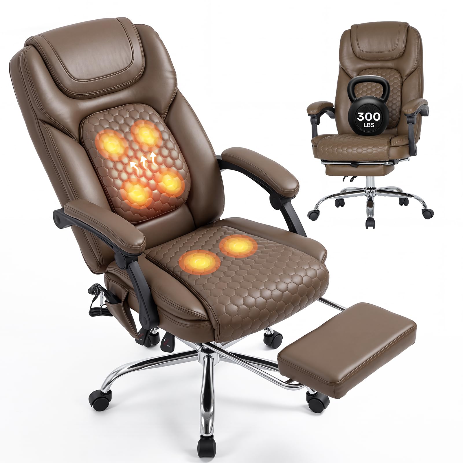 MALOL Massage Office Chair with Heat and Footrest - 3-Level 65°C Targeted Heating, 20-Min Easy Assembly Leather Desk Chair, Big and Tall Executive Computer Chair with Side Pocket, 300 lbs, Beige