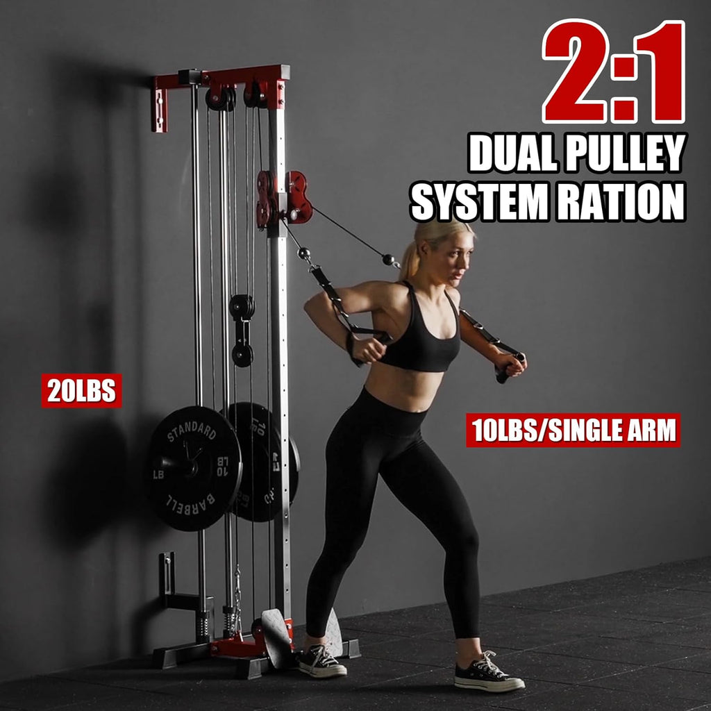 ER Kang Cable Station Wall Mount, 18in Pulley Tower, Dual Pulley System, High & Low Cable Machine, LAT Pull-Down & Row Tower with Flip-Up Footplate, Home Gym Cable Crossover (Red)