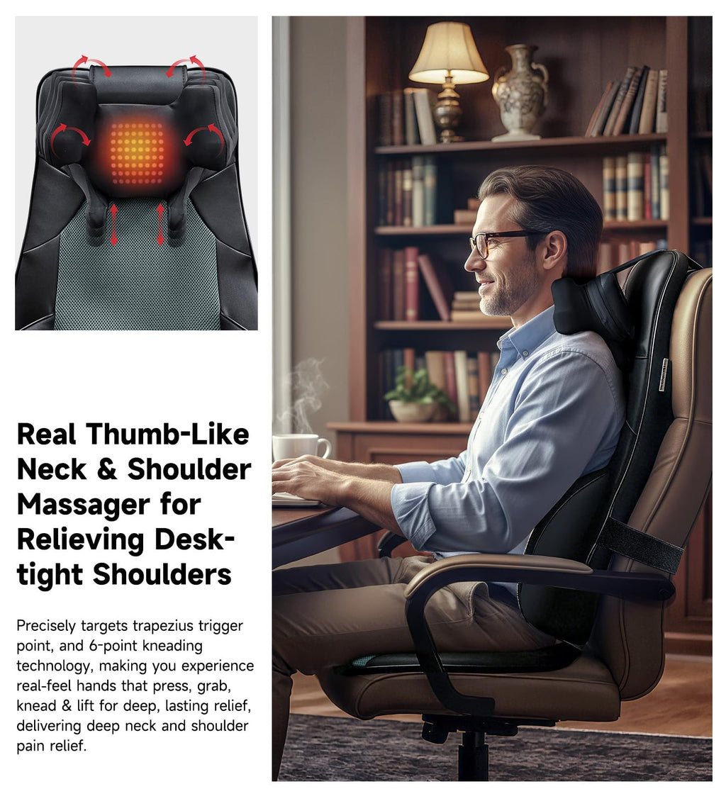 Shiatsu Neck and Back Massager for Chair with Heat, 2 Interchangeable Attachments Full Back Massage Pad Deep Tissue, Adjustable Height 3-Level Intensity for Office Home, Masajeador de Espalda, Khaki