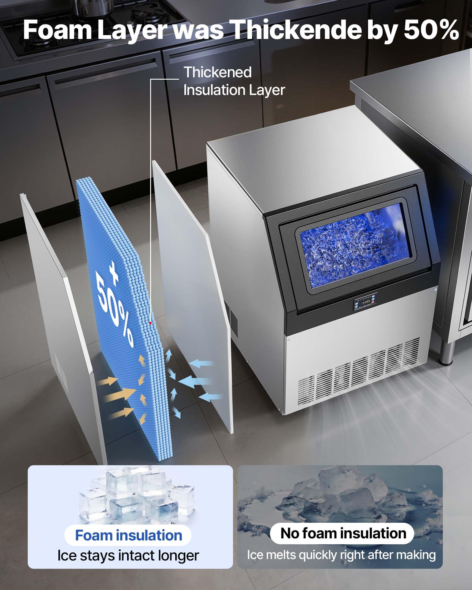 VEVOR Commercial Ice Maker Machine, 100 lbs/24h with 30-35 lbs Storage, Bullet Ice,Built-in/Freestanding/Under Counter, Stainless Steel Ice Maker with LED Display for Home Bar Restaurant