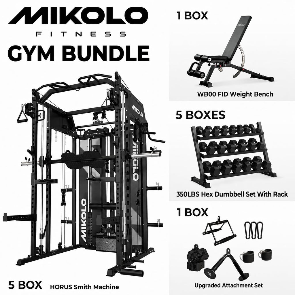 Mikolo Smith Machine with Weight Stack, Power Cage Home Gym System with LAT Pulldown & Cable Crossover, Multi-Functional Trainer with Dual Pulley System, Includes 10+ Free Attachments